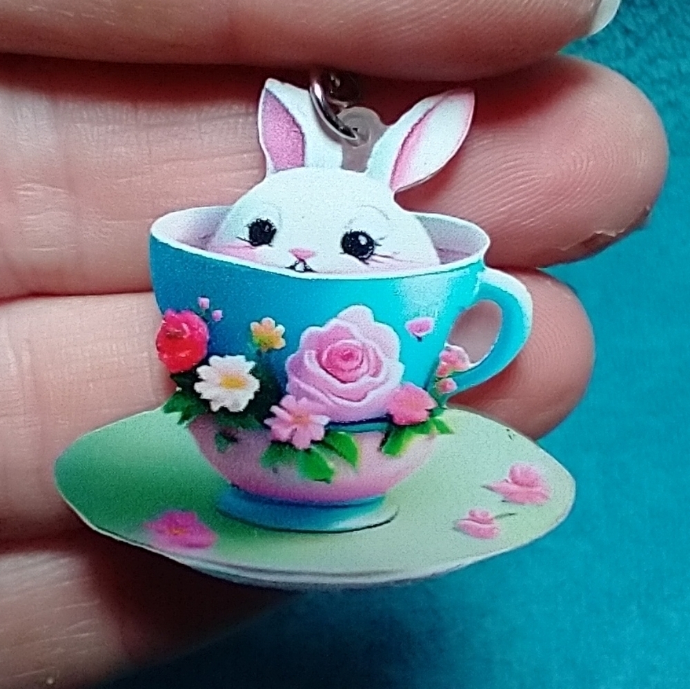 Cute baby bunny in tea cup with flowers wire dangle earrings easter